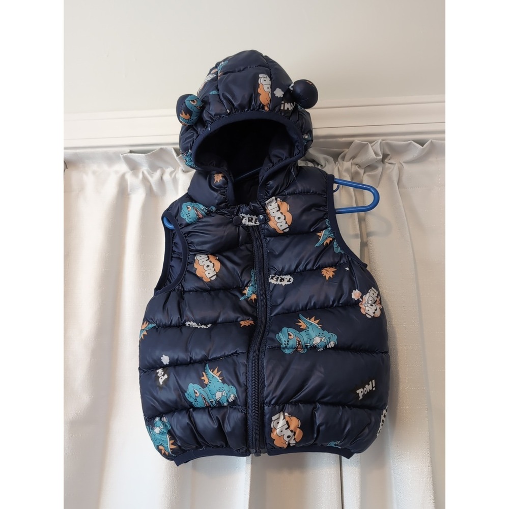 Boys Puffer Vest with Dinosaur Print Full Zip Hood with Ears Size 3